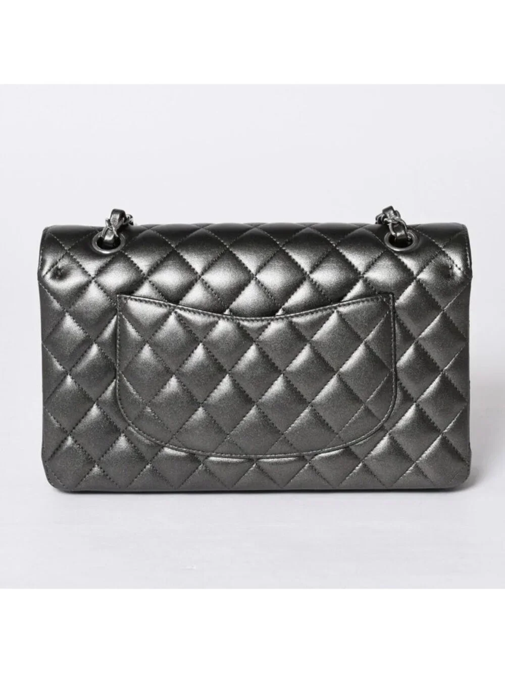 Chanel Quilted 25 Double Flap Chain Shoulder Bag Shine Gray Lambskin Silver